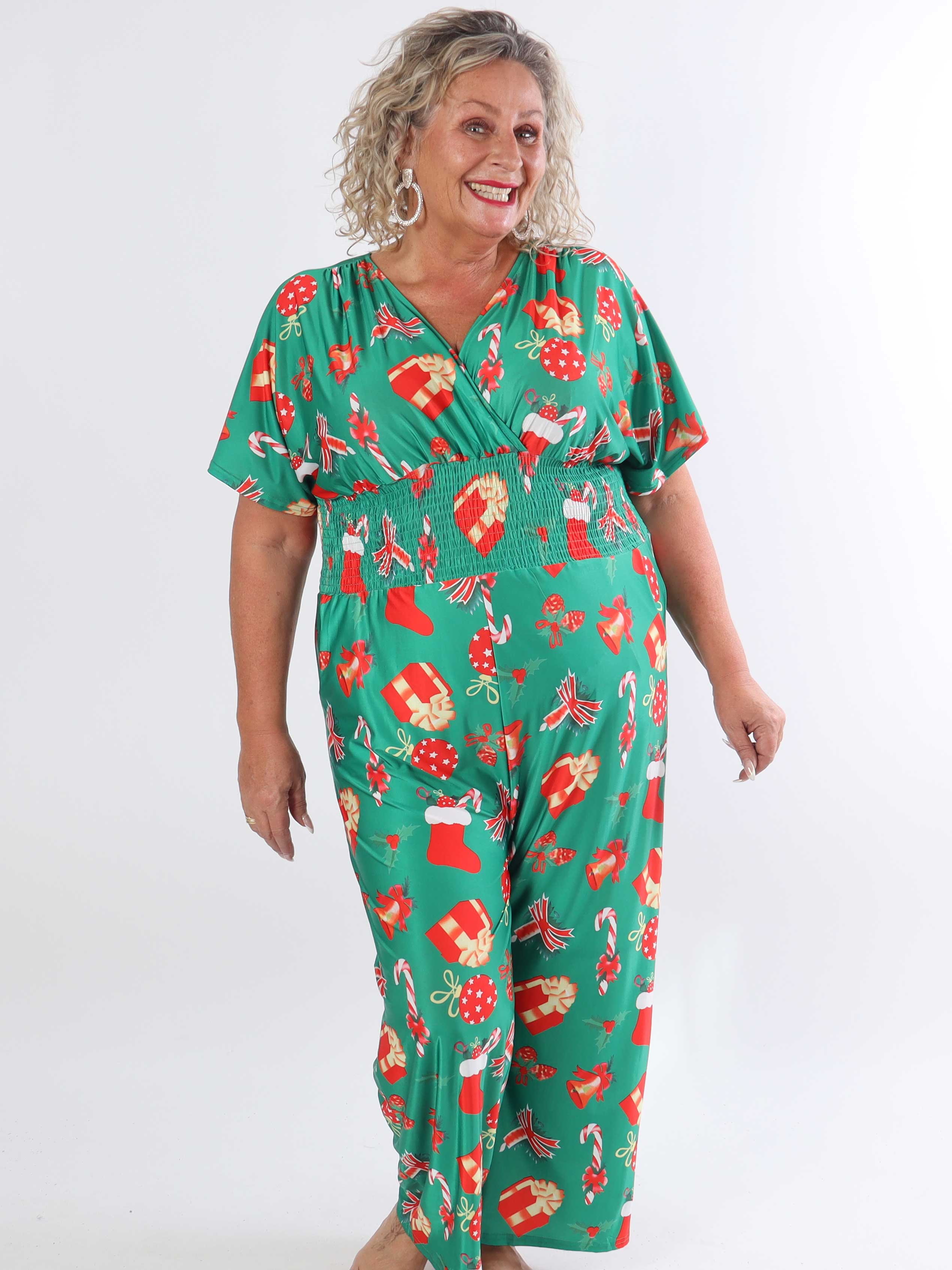 Pams Holiday Jumpsuit - Elastisk plus size buksedragt med julemotiver